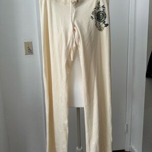 Vintage Juicy Couture Cream Drawstring Lounge Pants with Floral Design